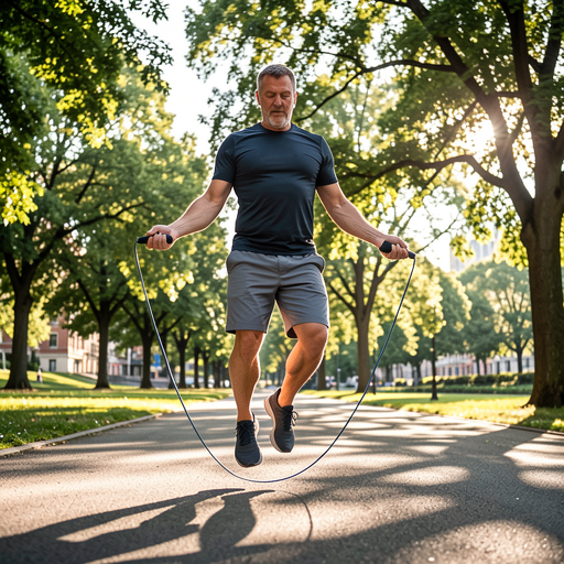 man jumping rope on asphalt in park