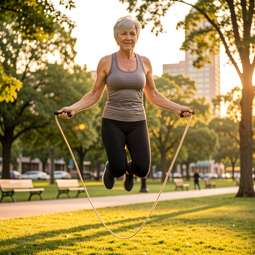 senior woman jumping rope in city park